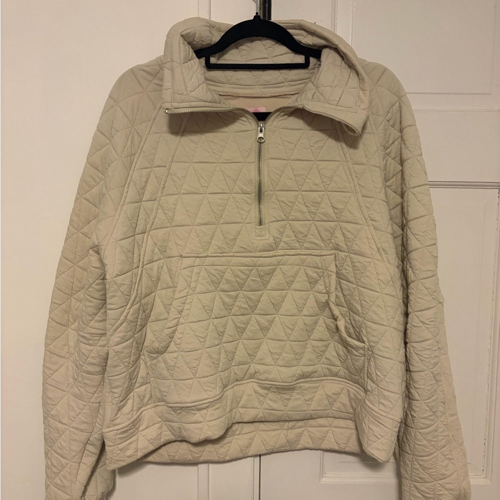 Pink Lily Cream Quilted Pullover with Half-Zip